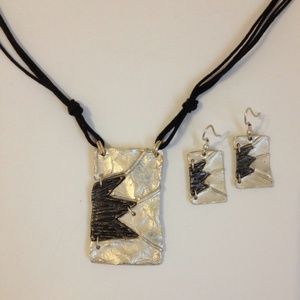 Pewter Antique Silver Earrings Necklace Set 2 Tone Rectangle Pierced Dangle Gift